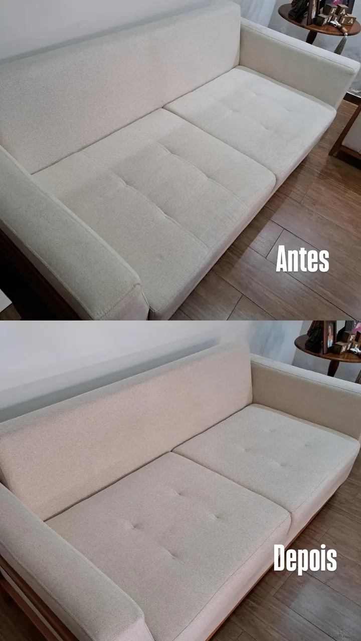 Montagem original de antes e depois da higienização de sofá publicada pela Duarte